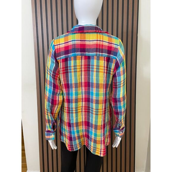 Soft Surroundings Women's Blue M Button-Up Cotton Tunic Shirt Plaid Boho Casual - Picture 2 of 10